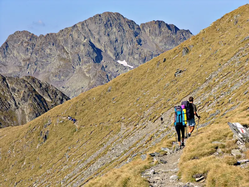 Eine Trekkinggruppe wandert auf einem schmalen Höhenweg entlang eines grasbewachsenen Hangs im Fagaras-Gebirge, Rumänien.