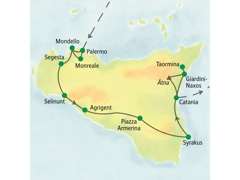 Karte der Studiosus Studienreise auf Sizilien. Die Route führt von Palermo über Agrigent und Syrakus bis zum Ätna bei Taormina.