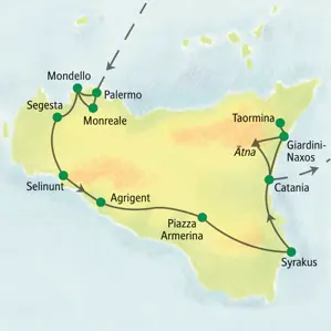 Karte der Studiosus Studienreise auf Sizilien. Die Route führt von Palermo über Agrigent und Syrakus bis zum Ätna bei Taormina.