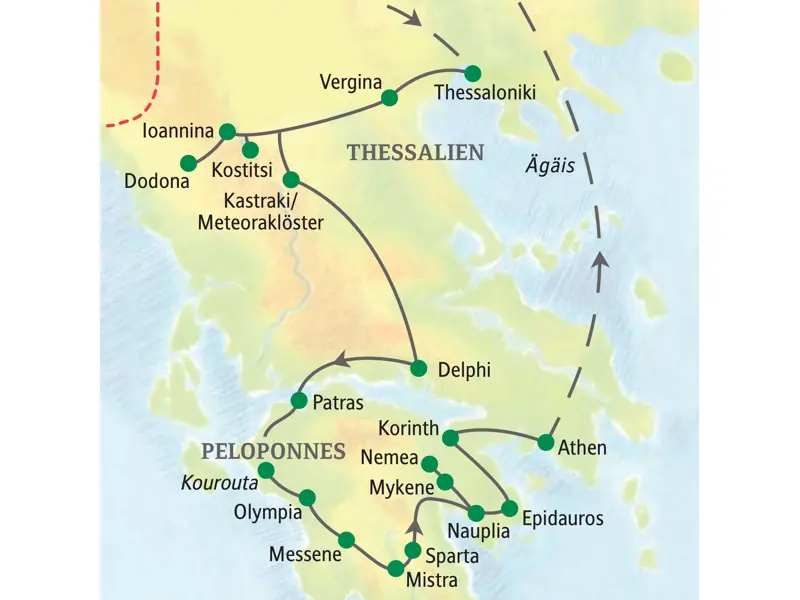 Route der Studiosus-Studienreise durch Griechenland von Thessaloniki über die Meteoraklöster und den Peloponnes nach Athen.
