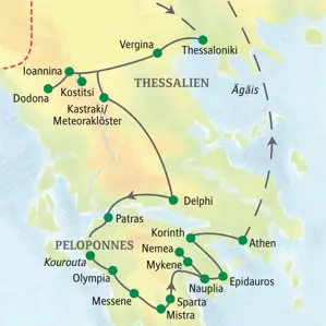 Route der Studiosus-Studienreise durch Griechenland von Thessaloniki über die Meteoraklöster und den Peloponnes nach Athen.