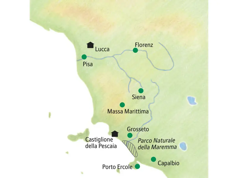 Karte der Studienreise in der Toskana: Die Route führt von Lucca über Florenz und Siena bis nach Castiglione della Pescaia.