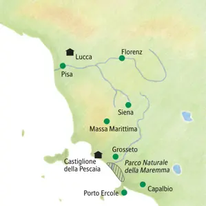Karte der Studienreise in der Toskana: Die Route führt von Lucca über Florenz und Siena bis nach Castiglione della Pescaia.