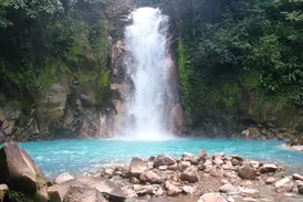 Rauschender Wasserfall im dichten Regenwald Costa Ricas stürzt über bemooste Felsen in ein leuchtend türkises Wasserbecken.