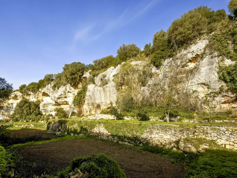 Wanderweg durch die grüne Algendar-Schlucht auf Menorca, vorbei an Felsklippen und fruchtbaren Terrassenfeldern.