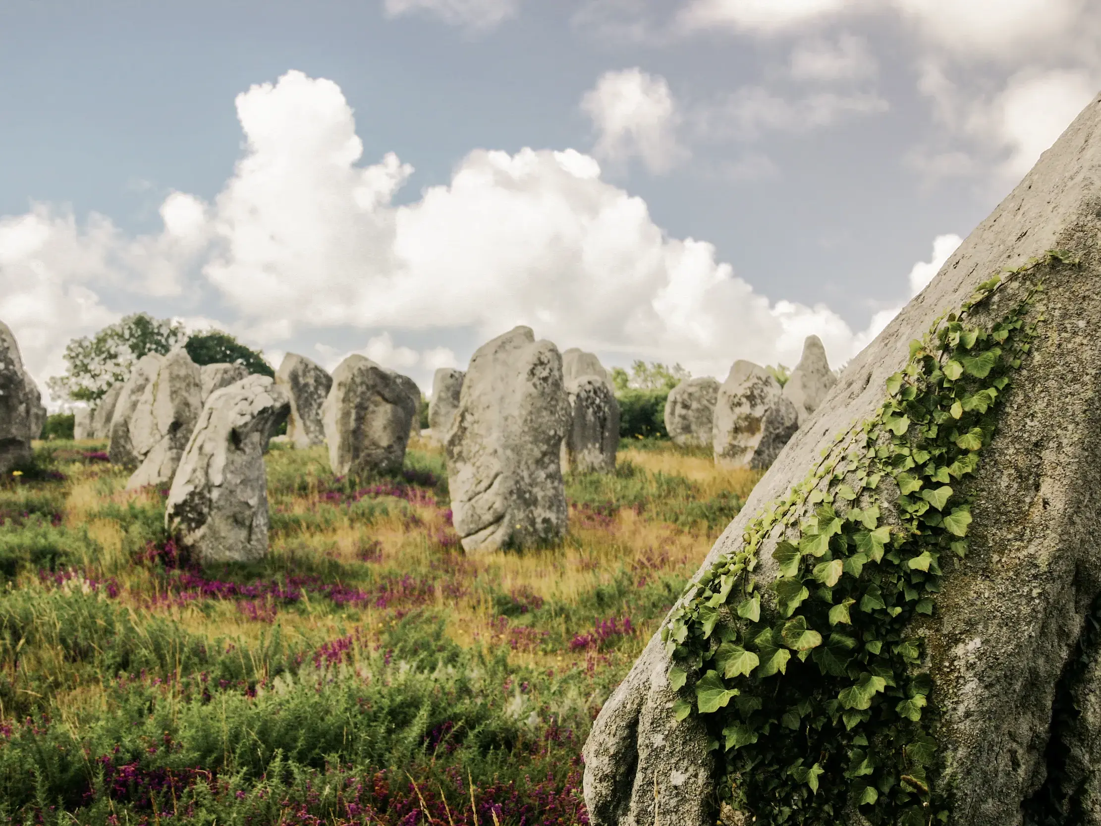 Die mystischen Steinreihen von Carnac in der Bretagne unter wolkigem Himmel, mit einem efeubewachsenen Menhir im Vordergrund.