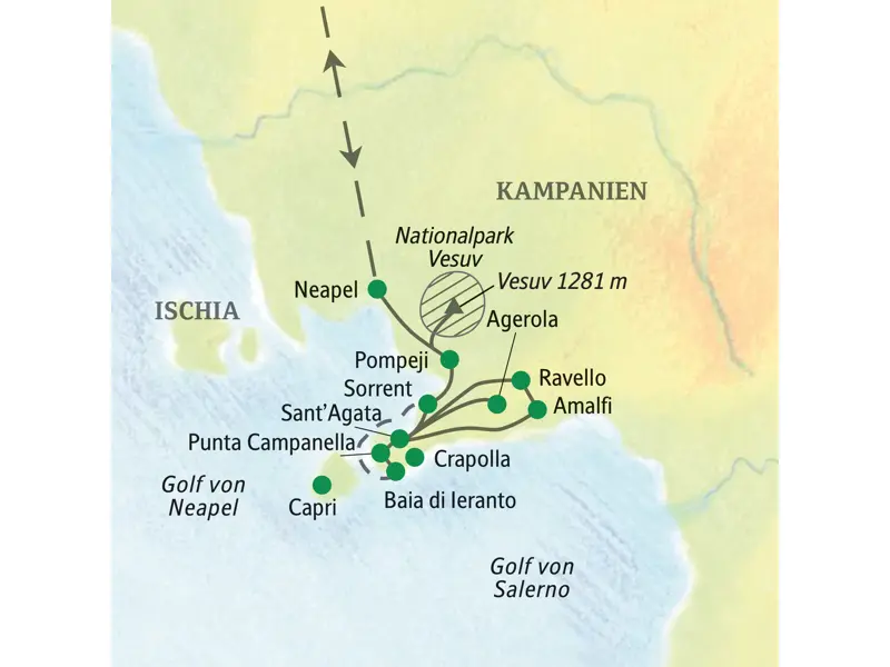 Routenkarte der Studiosus Wanderreise am Golf von Neapel: von Neapel über Pompeji und Sorrent nach Sant'Agata und zur Amalfiküste.