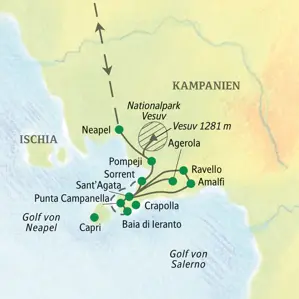 Routenkarte der Studiosus Wanderreise am Golf von Neapel: von Neapel über Pompeji und Sorrent nach Sant'Agata und zur Amalfiküste.