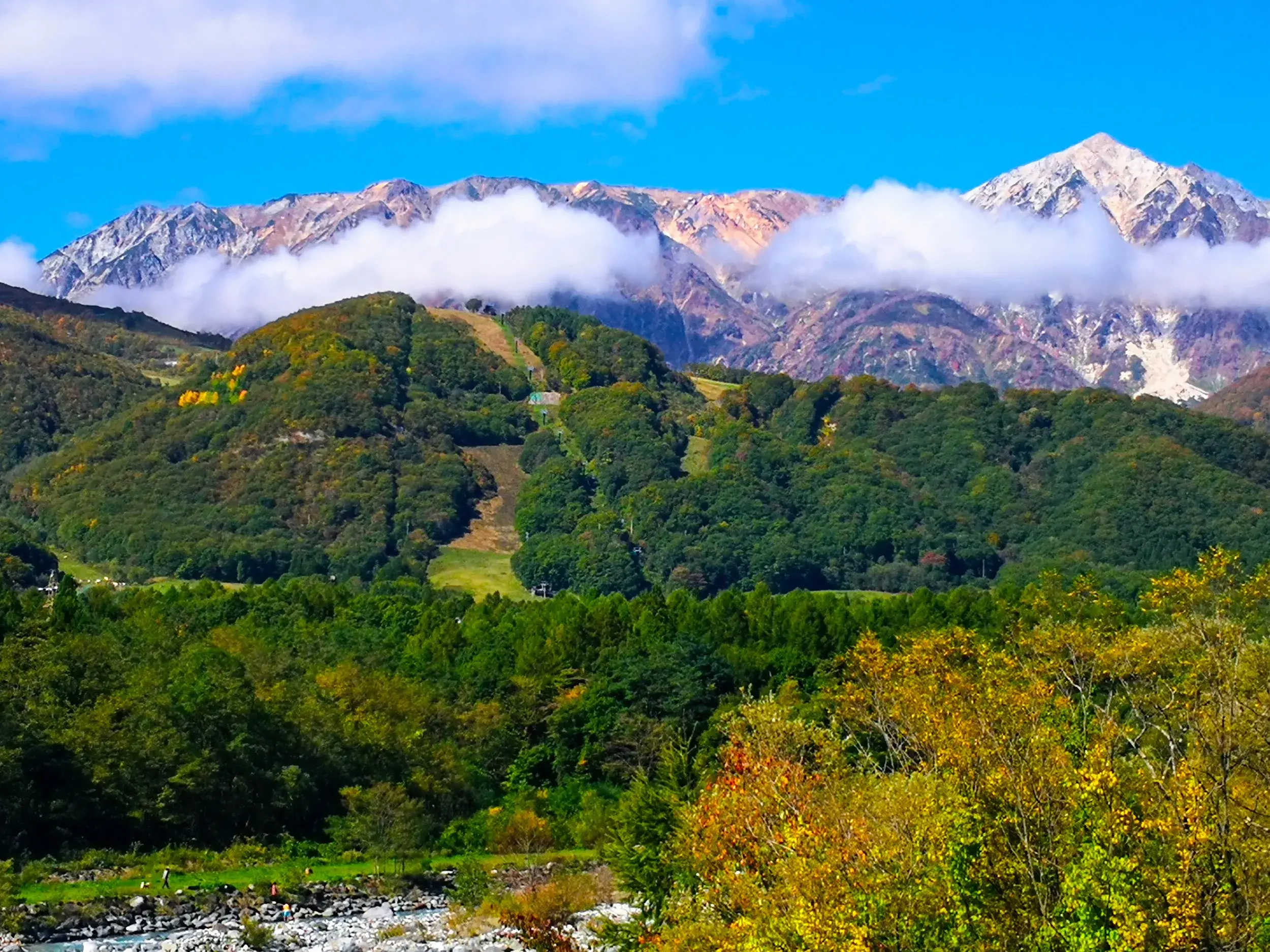 Herbstliche Wanderlandschaft in Hakuba mit Blick auf die wolkenverhangenen Gipfel der Japanischen Alpen über grünen Wäldern.