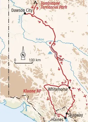 Reiseroute der Trekkingtour im Yukon und Alaska: von Whitehorse nach Dawson City, zum Kluane NP und über Haines zurück.