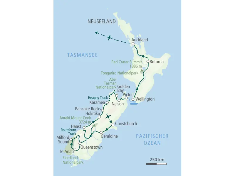 Karte der Trekkingreise in Neuseeland von Christchurch über das Fiordland und den Abel-Tasman-Nationalpark nach Auckland.