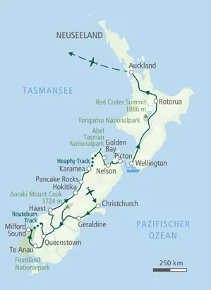 Karte der Trekkingreise in Neuseeland von Christchurch über das Fiordland und den Abel-Tasman-Nationalpark nach Auckland.