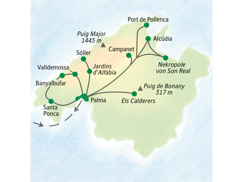 Karte der Studiosus Wander-Studienreise auf Mallorca mit Ausflügen nach Palma, Valldemossa, Sóller und Alcúdia.