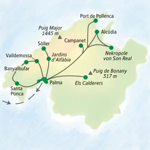 Karte der Studiosus Wander-Studienreise auf Mallorca mit Ausflügen nach Palma, Valldemossa, Sóller und Alcúdia.