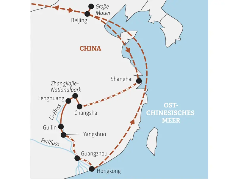 Reiseroute unserer Gruppenreise für junge Leute in China von Beijing über Shanghai und den Zhangjiajie-Nationalpark bis Hongkong.