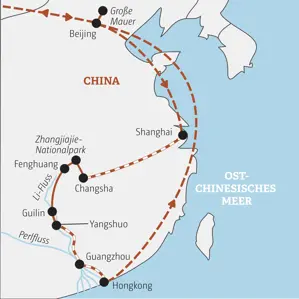 Reiseroute unserer Gruppenreise für junge Leute in China von Beijing über Shanghai und den Zhangjiajie-Nationalpark bis Hongkong.