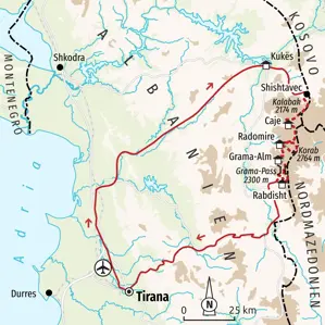 Routenkarte der Trekkingreise in Albanien: von Tirana über Kukës ins Korab-Gebirge mit dem Gipfel des Korab.