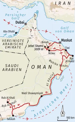 Karte der Trekkingreise in Oman. Die Route führt von Maskat über Jebel Shams, die Wahiba Sands und Rub Al Khali nach Salalah.
