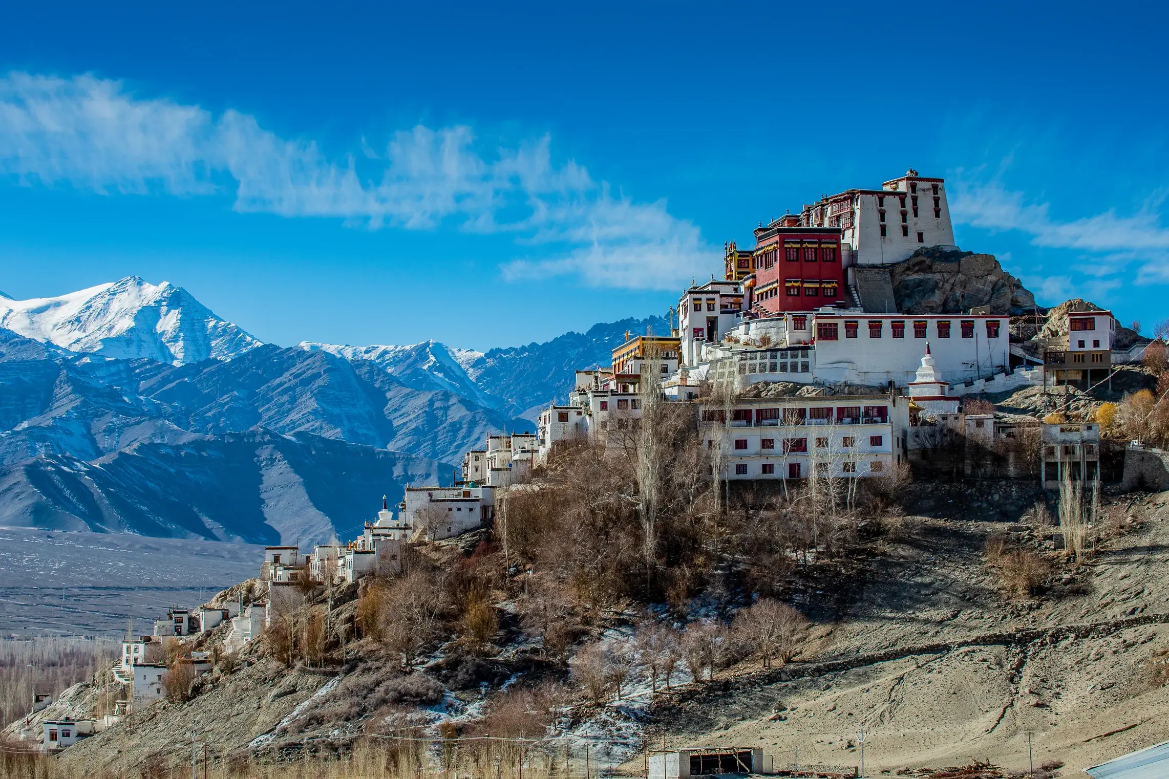Das Thiksey Kloster in Ladakh thront an einem Berghang vor der Kulisse der schneebedeckten Himalaya-Gipfel bei blauem Himmel.