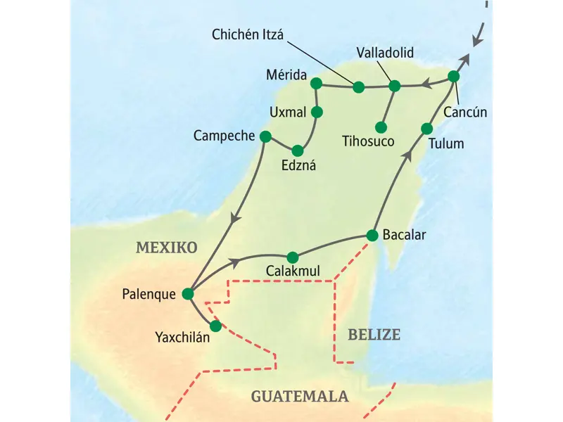 Karte der Studienreise durch Mexiko: Route von Cancún über die Maya-Stätten Chichén Itzá, Uxmal, Palenque und Calakmul.