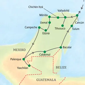 Karte der Studienreise durch Mexiko: Route von Cancún über die Maya-Stätten Chichén Itzá, Uxmal, Palenque und Calakmul.