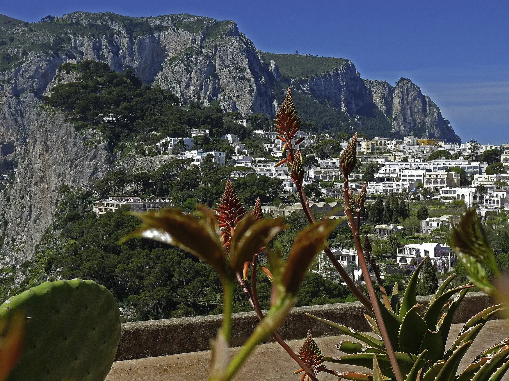 Panoramablick auf die weißen Häuser von Capri, eingebettet in die Felslandschaft des Monte Solaro an der Amalfiküste.