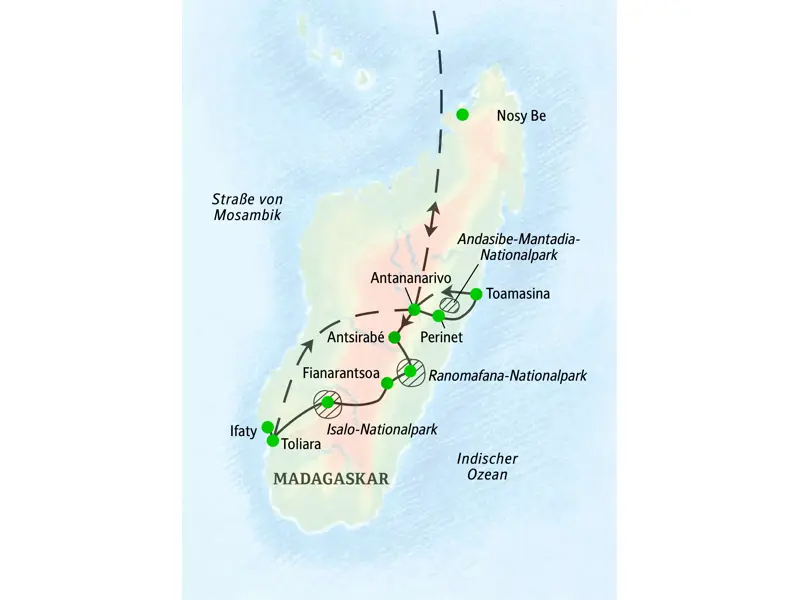 Karte der geführten Rundreise in Madagaskar: Route von Antananarivo über Antsirabé, Isalo-Nationalpark nach Toliara und Ifaty.