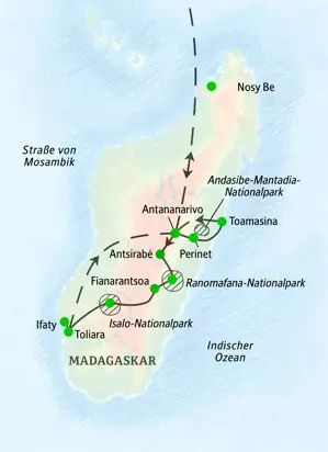 Karte der geführten Rundreise in Madagaskar: Route von Antananarivo über Antsirabé, Isalo-Nationalpark nach Toliara und Ifaty.