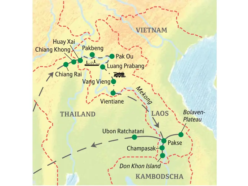 Karte der Studiosus-Studienreise in Laos von Chiang Rai über Luang Prabang und Vientiane bis nach Pakse und zu den 4000 Inseln.