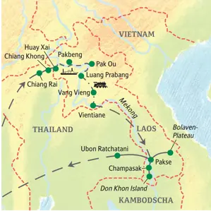 Karte der Studiosus-Studienreise in Laos von Chiang Rai über Luang Prabang und Vientiane bis nach Pakse und zu den 4000 Inseln.