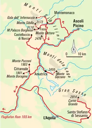 Routenkarte der Wanderreise in Mittelitalien: von Montemonaco über Ascoli Piceno und Amatrice zum Gran Sasso.