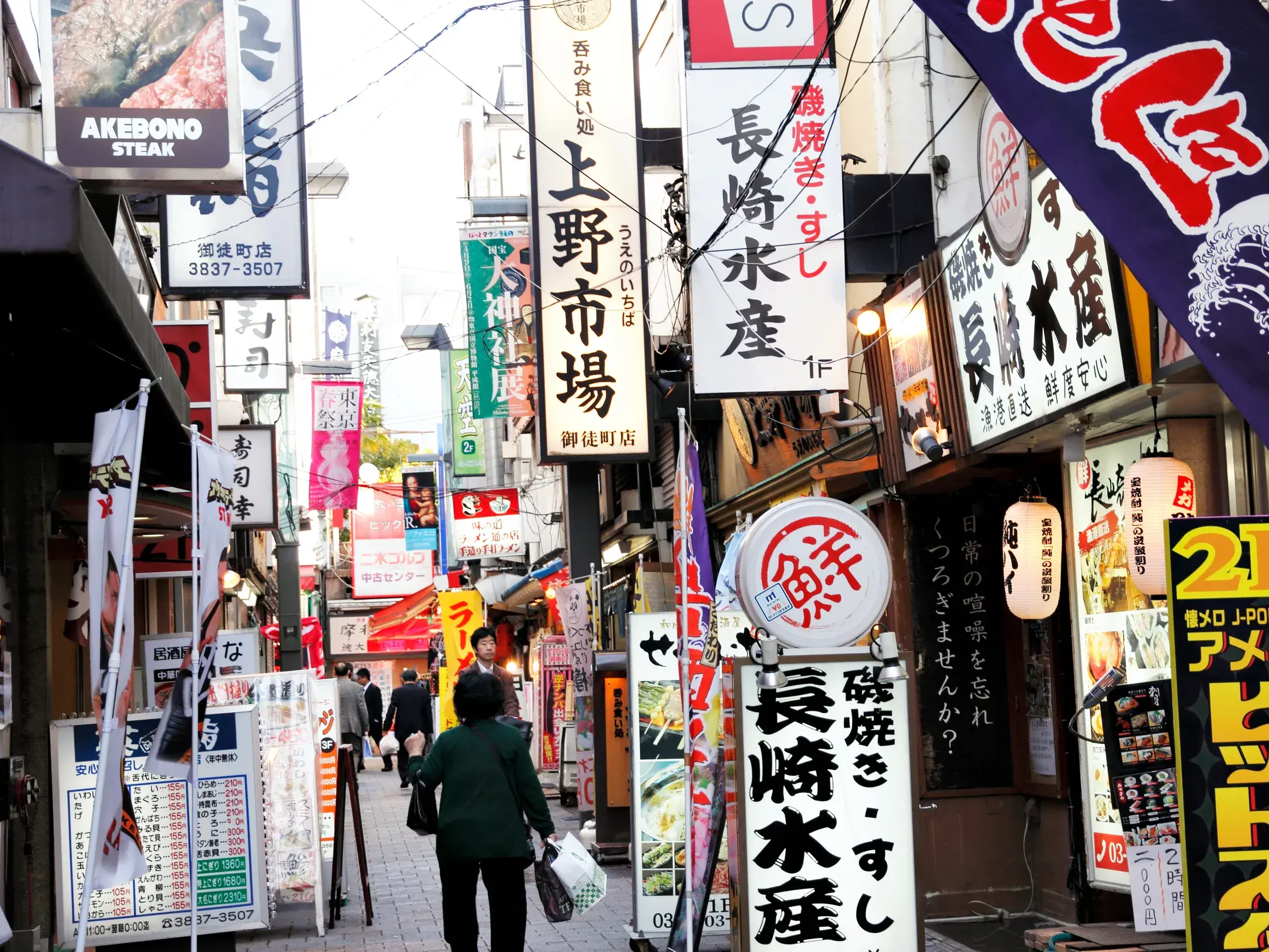 Passanten schlendern durch die belebte Marktstraße Ameyokocho in Tokyo, umgeben von bunten japanischen Schildern und Geschäften.