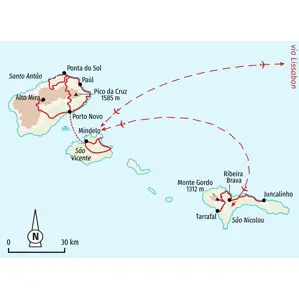 Karte der Hauser Wanderreise auf den Kapverden. Die Route führt über die Inseln São Vicente, São Nicolau und das grüne Santo Antão.