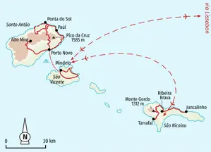 Karte der Hauser Wanderreise auf den Kapverden. Die Route führt über die Inseln São Vicente, São Nicolau und das grüne Santo Antão.