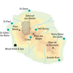Karte der Kleingruppenreise auf La Réunion mit Ausflügen zum Piton de la Fournaise, Cilaos, St-Denis und nach Hell-Bourg.