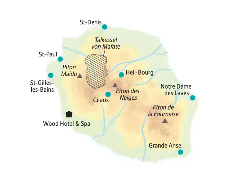 Karte der Kleingruppenreise auf La Réunion mit Ausflügen zum Piton de la Fournaise, Cilaos, St-Denis und nach Hell-Bourg.