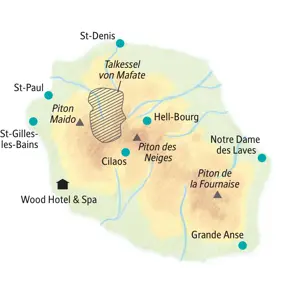 Karte der Kleingruppenreise auf La Réunion mit Ausflügen zum Piton de la Fournaise, Cilaos, St-Denis und nach Hell-Bourg.