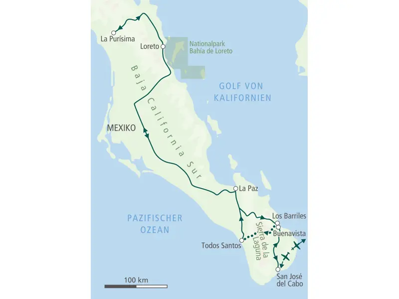 Karte der Trekkingreise in Mexiko auf Baja California Sur. Die Route führt von San José del Cabo durch die Sierra de la Laguna nach La Paz und Loreto.