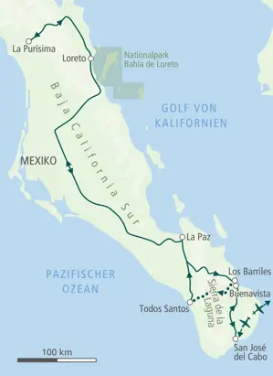 Karte der Trekkingreise in Mexiko auf Baja California Sur. Die Route führt von San José del Cabo durch die Sierra de la Laguna nach La Paz und Loreto.