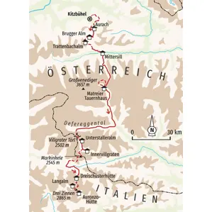 Routenkarte der Alpenüberquerung von Kitzbühel (Österreich) über das Defereggental bis zu den Drei Zinnen in Südtirol (Italien).