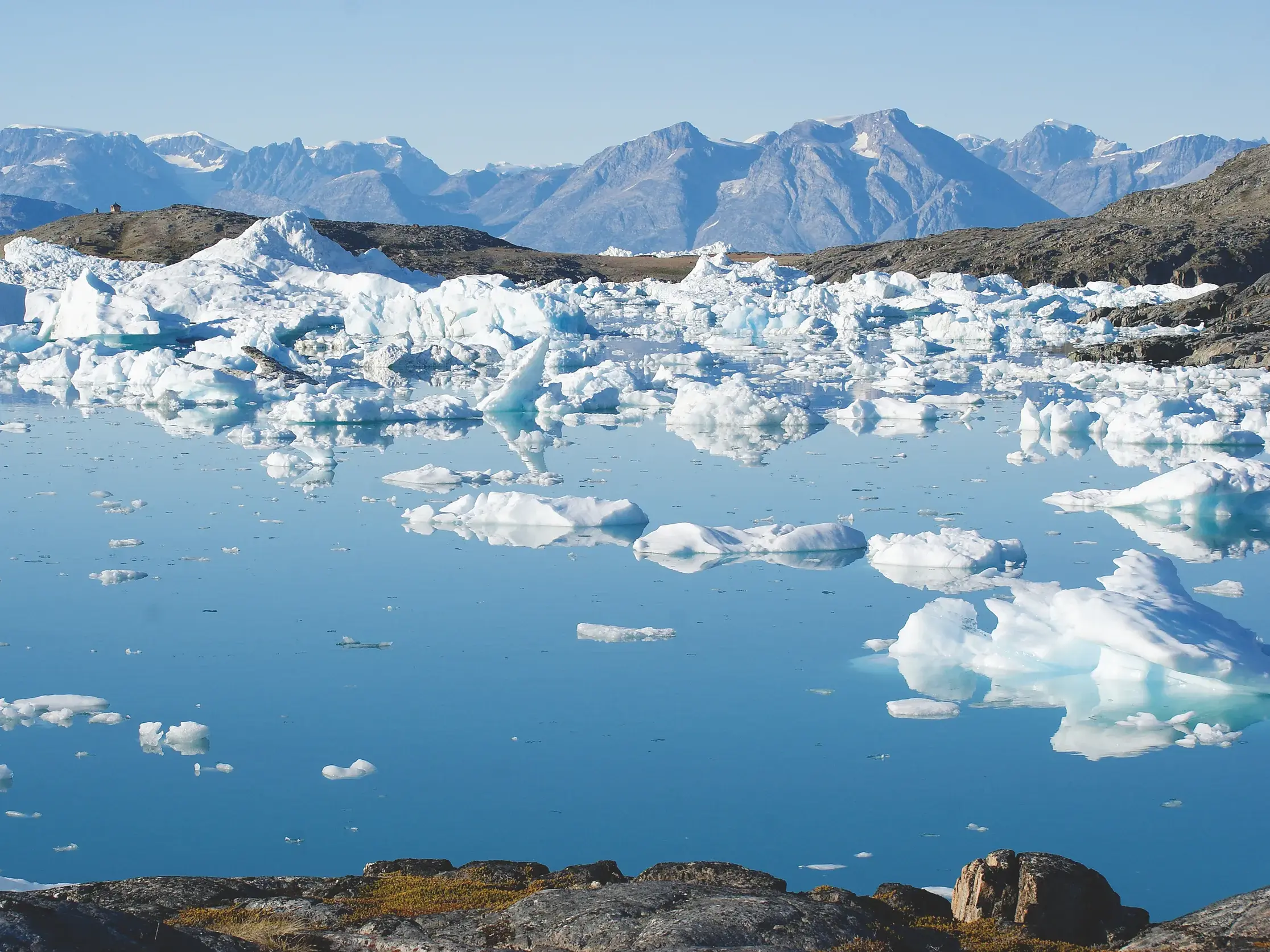 Zahlreiche Eisberge spiegeln sich im ruhigen Wasser des Sermilik-Fjords vor der schroffen Bergkulisse Ostgrönlands.