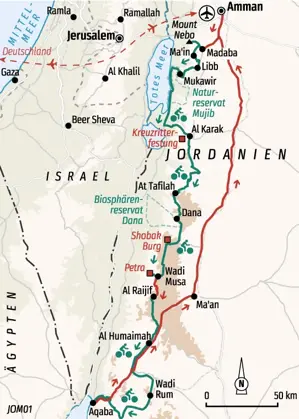Karte der geführten Rundreise in Jordanien von Madaba über das Tote Meer, Petra und Wadi Rum bis nach Aqaba am Roten Meer.