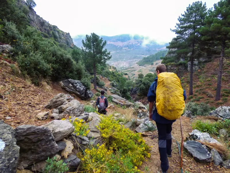 Zwei Wanderer mit Trekking-Rucksäcken steigen auf einem steinigen Pfad in ein grünes Tal im marokkanischen Rif-Gebirge ab.