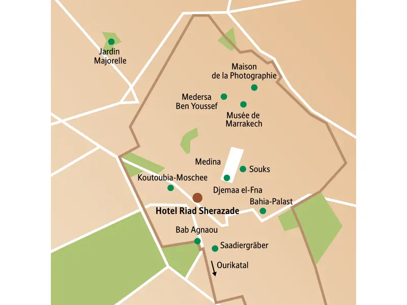Karte zur Studiosus Städtereise "Marrakesch": Lage des Hotels in der Medina, nahe Djemaa el-Fna, Souks und Saadiergräber.