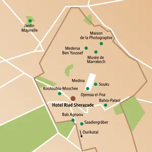 Karte zur Studiosus Städtereise "Marrakesch": Lage des Hotels in der Medina, nahe Djemaa el-Fna, Souks und Saadiergräber.