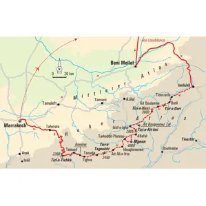 Karte der Slow-Trekking-Reise im Hohen Atlas, Marokko. Die Route führt von Imilchil über den Mgoun und Telouet nach Marrakech.