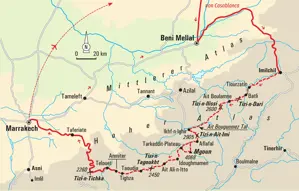 Karte der Slow-Trekking-Reise im Hohen Atlas, Marokko. Die Route führt von Imilchil über den Mgoun und Telouet nach Marrakech.