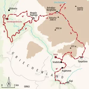 Übersichtskarte der Trekkingreise in Griechenlands Zagori-Region von Papingo über die Astrakas-Berghütte zum Drachensee und Kipi.