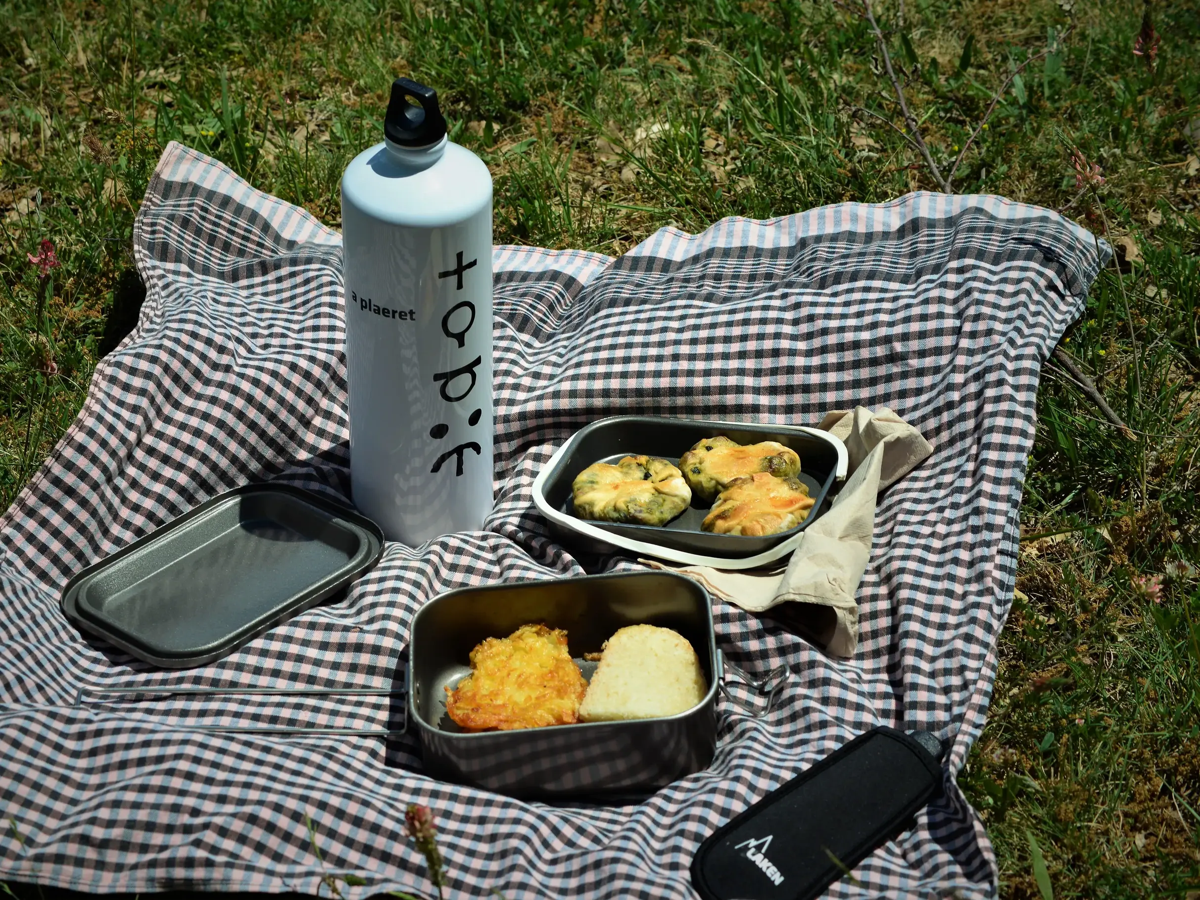 Liebevoll zubereitetes Mittagspicknick in Brotdosen für eine Wanderpause auf einer karierten Decke im Gras der Pyrenäen.