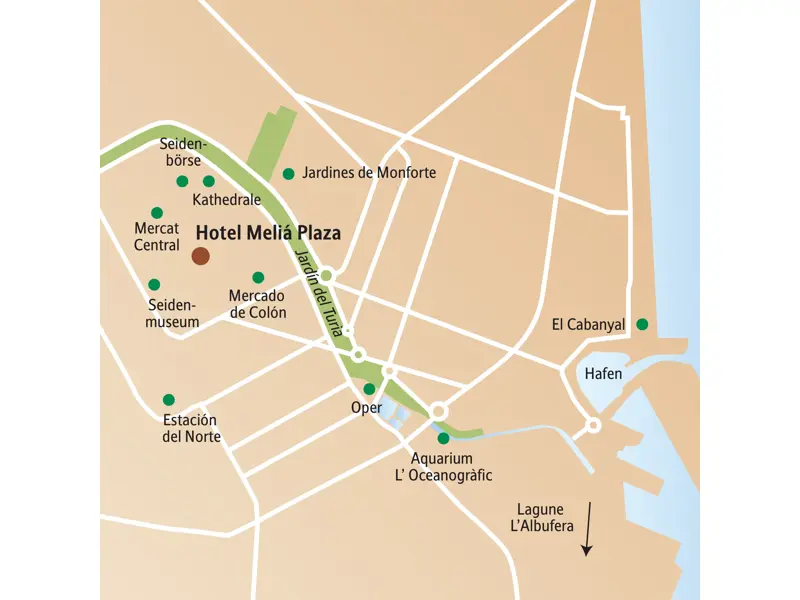 Übersichtskarte der Studiosus-Städtereise Valencia mit zentralem Hotel Meliá Plaza und Sehenswürdigkeiten wie der Seidenbörse.